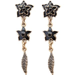 Bronze-tone Black Enamel Flower Feather Earrings